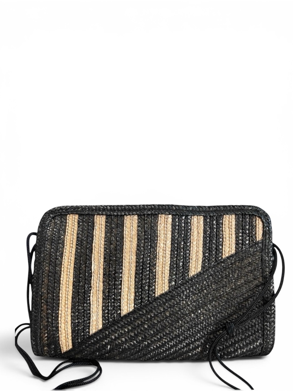 Genie Striped Raffia Black & Natural Rectangle Clutch